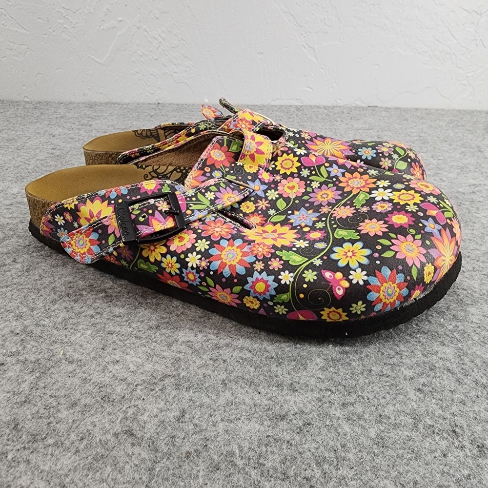 Calceo Size 40 US 9/9.5 | Floral Buckle Strap Cork Clogs Black Comfort Mules